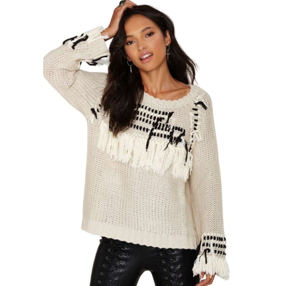 Knitz by For Love and Lemons Denver Fringe Sweater XS Beige 100% Acrylic EUC!